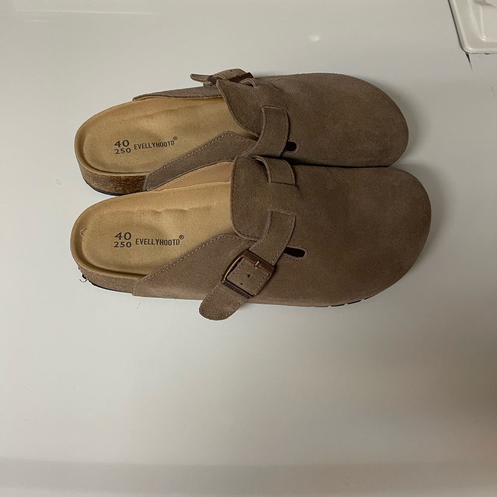 Tan Suede Clogs with Adjustable Buckle. Like new, only worn twice. So comfy! - Picture 3 of 9